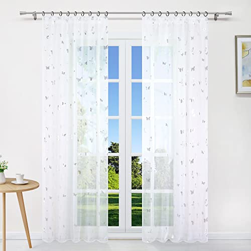 CORLIF Voile Gardine mit Kräuselband Transparente Vorhänge mit Schmetterling Druck Weiß B/H 140/225 cm 1er Pack von CORLIF