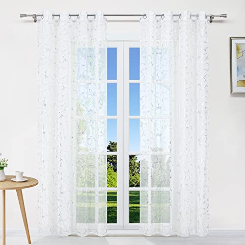 CORLIF Voile Gardinen mit Ösen Transparenter Vorhang Einfarbig Wohnzimmer Schals Fenster Schlafzimmer Vorhänge mit Marmormuster Silber BxH 140x145cm 1er Pack von CORLIF