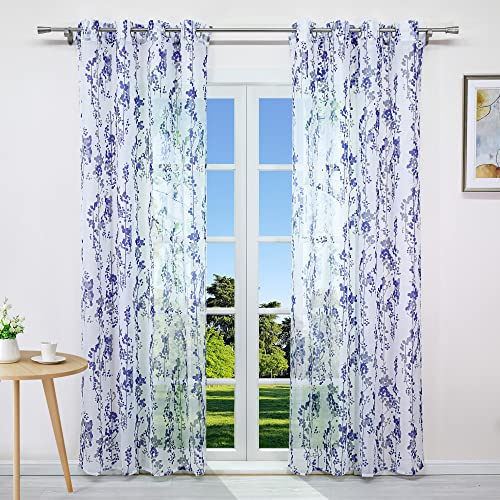 CORLIF Voile Gardinen mit Ösen Vorhang Halbtransparente Gardinen Modern Gardinen mit Blaubeermuster für Kinderzimmer Blau BxH 140x245cm 1 Stück von CORLIF