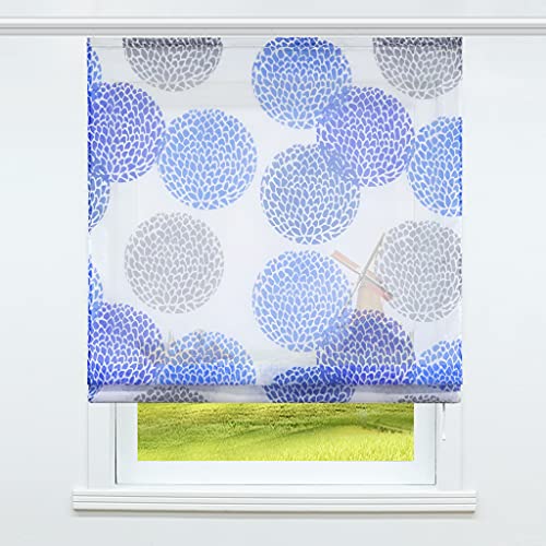 CORLIF Voile Raffrollo mit Klettband Bändchenrollo Transparent Vorhänge mit Kreis-Motiven Druck Design Modern Blau BxH 120x140 cm 1 Stück von CORLIF