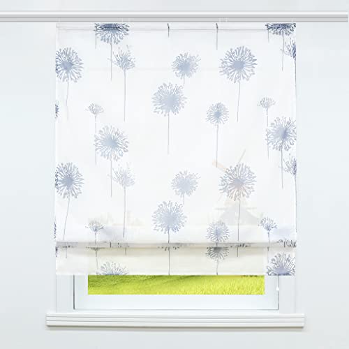 CORLIF Voile Raffrollo mit Klettband Küche Transparente Raffgardine Bändchenrollo mit Pusteblume Druck Modern Weiß BxH 100x140cm 1 Stück von CORLIF