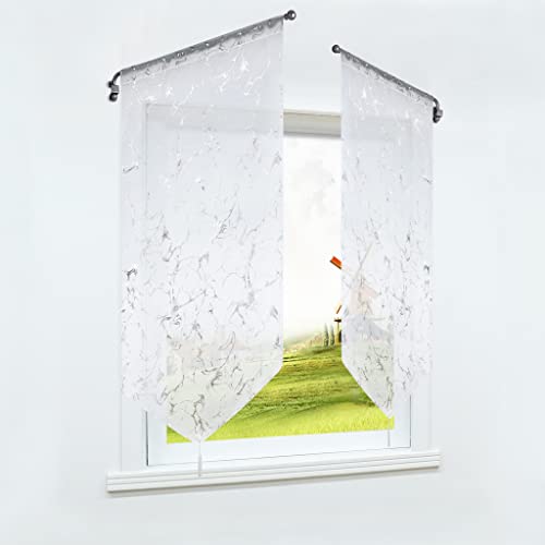 CORLIF Voile Scheibengardine mit Tunnelzug Bistrogardine Modern Transparente Küche Gardinen mit Quaste Panneaux Silber mit Marmor-Muster BxH 80x150cm 1 Stück von CORLIF
