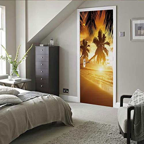 türbilder selbstklebend 40x120cm(15.74 inches * 47.24 inches)Sonnenuntergang Kokospalme Fototapete Türfolie Poster Tapete - Abnehmbar Wandtapete Wohnzimmer PVC Wasserdichte Wallpaper Wandwandaufkleber von CORYBE