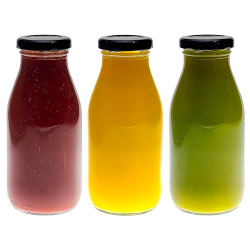 COS 3 x 250 ml Glas-Milchflasche mit hübschem schwarzen Deckel, kleine Gläser für Milch, Fruchtsaft, Smoothies von COS