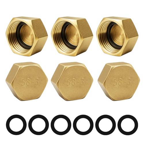 Blindstopfen 3/4 Zoll, 6 Stück Messing Kappe G3/4" Innengewinde (Ø24mm), Verschlusskappe 3/4 Zoll mit Gummidichtungen, Messingkappe Sechskant, Schlauchkappen Gewindekappe für Garten Wasserleitung von COSBERY