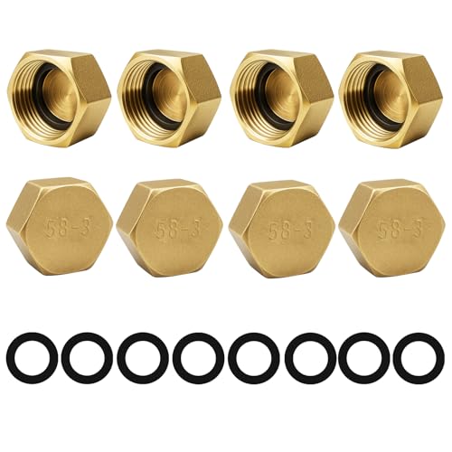 Blindstopfen 3/8 Zoll, 8 Stück Messing Kappe G3/8" Innengewinde (Ø15,3mm), Verschlusskappe 3/8 Zoll mit Gummidichtungen, Messingkappe Sechskant, Schlauchkappen Gewindekappe für Garten Wasserleitung von COSBERY