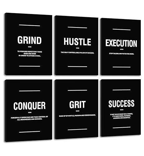 COSCTOR Motivierende Wandkunst-Bilder, Dekoration, Grind Hustle Execution, Grit Conquer Success, gerahmt für Büro, Schlafzimmer, inspirierende Arbeitsplatz-Poster, schwarz-weiße Gemälde, fertig zum von COSCTOR