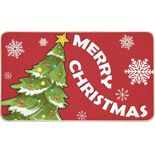 COSEVIER Weihnachtsbaum-Fußmatte, rote Fußmatte mit Aufschrift "Merry Christmas", für Innen- und Außenbereich, rutschfeste Gummimatten für Wohnzimmer, Küche, Heimdekoration, 43,2 x 73,2 cm von COSEVIER