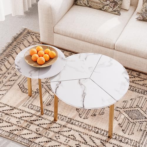 COSIEST Couchtisch mit 2 Stück, rund, stapelbar, Couchtisch für Wohnzimmer, moderner Marmor-Beistelltisch mit stabilen Metallbeinen, platzsparendes Design für kleine Räume von COSIEST
