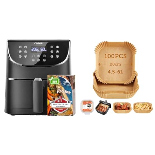 COSORI Heißluftfritteuse 5,5L XXL Friteuse Heissluft Fritteusen Air Fryer mit Digitalem LED-Touchscreen, Backpapier für Heißluftfritteuse 4,5-6L, 100 Stück, 20cm von COSORI
