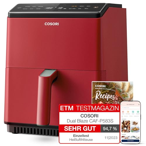 COSORI Heißluftfritteuse XXL, Dual Blaze, 6,4 L(1.81kg) Wifi verbunden, Airfryer mit 12 Multifunktionen, 90+ Online Rezept & Rezeptbuch, Full Touch Screen, 1700W, Weihnachtsrot von COSORI