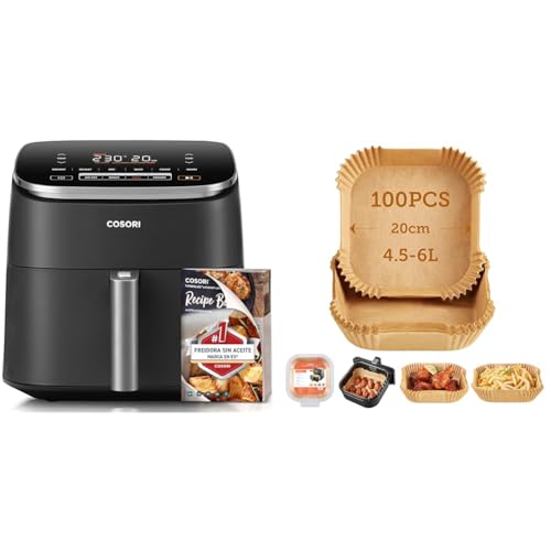 COSORI Heißluftfritteuse XXL Turbo Blaze, 6L Airfryer mit 5 Geschwindigkeitsstufen & Backpapier für Heißluftfritteuse 4,5-6L, Grau&Gelb von COSORI