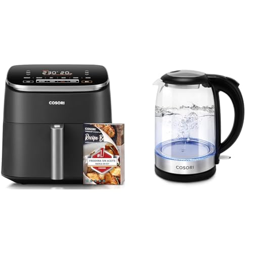 COSORI Heißluftfritteuse XXL Turbo Blaze, 6L Airfryer mit 5 Geschwindigkeitsstufen & Wasserkocher Glas mit Upgrade Edelstahl Filter und Innendeckel von COSORI