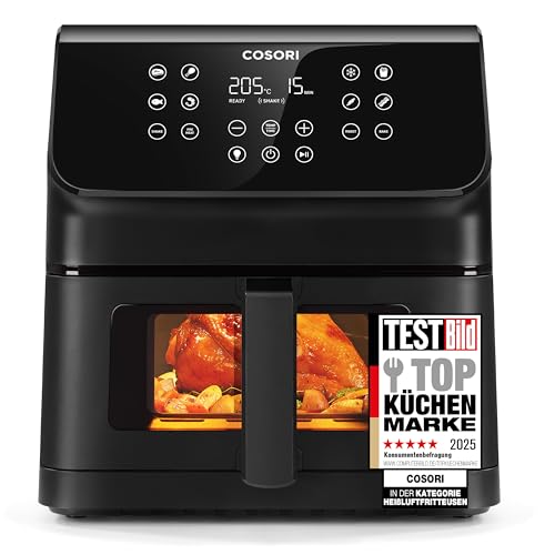 COSORI Airfryer, Heißluftfritteuse 6,2L mit Sichtfenster und Shake Reminder, 12-in-1 Heissluftfritteuse, Fritteuse 85 Prozent weniger Fett, 50 Rezepte, 55 Prozent energiesparend, einfache Reinigung von COSORI