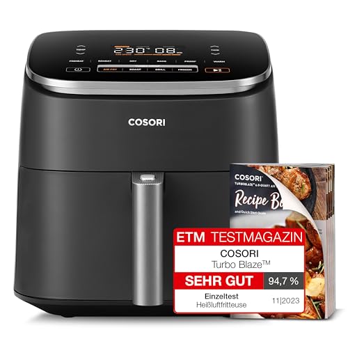 COSORI Heißluftfritteuse XXL Turbo Blaze, 6L Airfryer, Heissluftfritteuse mit 5 Geschwindigkeitsstufen&9 Funktionen, 30°-230°, 87 Online-&30 Papierrezepte, 96 Cooking Charts, Energiesparung, Kompakt von COSORI