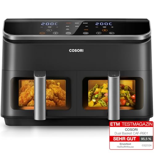 COSORI Heißluftfritteuse mit Doppelkammer, 8.5L Max Airfryer mit Zubehör, Heissluftfritteuse mit 50+ Online Recepte, 8 in 1 Funktionen, Sichtfenster, Energiesparend, Schwarz von COSORI