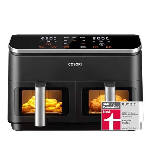 COSORI Heißluftfritteuse 2 Kammern, Testsieger der Stiftung Warentest, 6-in-1 Dual Zone Air Fryer 8,5 L, Doppelkammer mit Sichtfenster für ausgewogene Mahlzeit, Helles Silber von COSORI