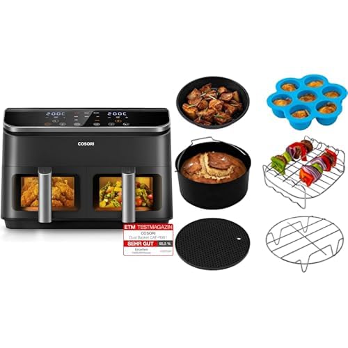 COSORI Heißluftfritteuse R901 & Sechsteiliges Zubehörset für Heißluftfritteuse - Schwarz, 8.5 Liter, 2 Zonen, Touch Control, BPA-frei, Spülmaschinenfest, Luftfritteuse, Küchengeräte von COSORI