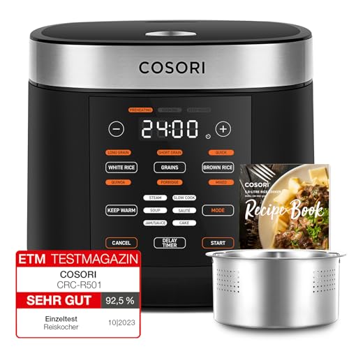 COSORI Reiskocher, Multikocher mit 17 Programme, Rice Cooker 1,8 L, Fuzzy-Logik, Dampfgarer mit Edestahleinsatz, Rezeptbuch, Slow Cooker, Premium Innentopf, Warmhaltefunktion, Timer, Schwarz von COSORI