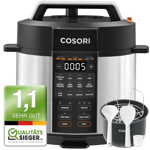 COSORI Schnellkochtopf, 9-in-1, Multikocher mit 14 Funktionen, 5,7 L Pressure Cooker, Reiskocher, Dampfgarer, Joghurtbereiter, Slow cooker und Sous Vide, Sautierpfanne, Rezeptbuch, Edelstahl von COSORI