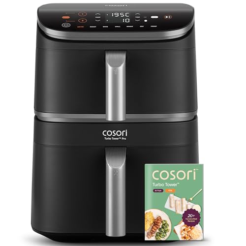 COSORI Turbo Tower Pro Heißluftfritteuse 2 kammern, 10,8L Double Stack Airfryer mit DualBlaze, Keramikbeschichtung, nicht mit Teflon-Beschichtung, Silber-schwarz von COSORI