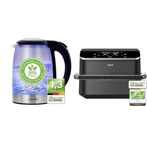 COSORI Wasserkocher Glas mit Upgrade Edelstahl Filter und Innendeckel&COSORI Heißluftfritteuse TwinFry 10L Airfryer von COSORI