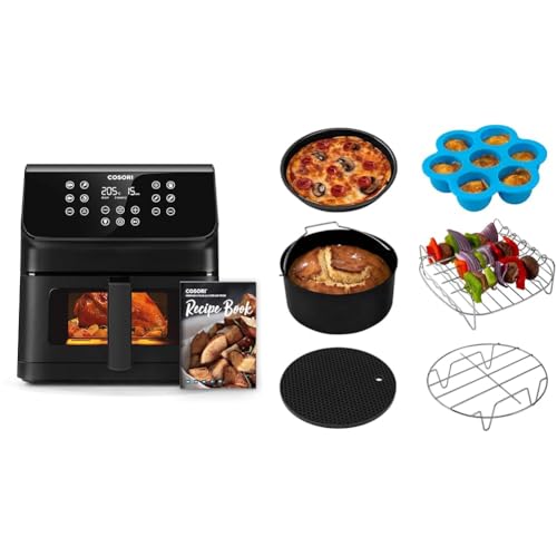 COSORI Heißluftfritteuse & Sechsteiliges Zubehörset - Air Fryer, 6.2L, Schwarz+bunt, Edelstahl, Whisper Quiet-Technologie, acht voreingestellte Programme, Backen, Grillen, Frittieren, Braten von COSORI