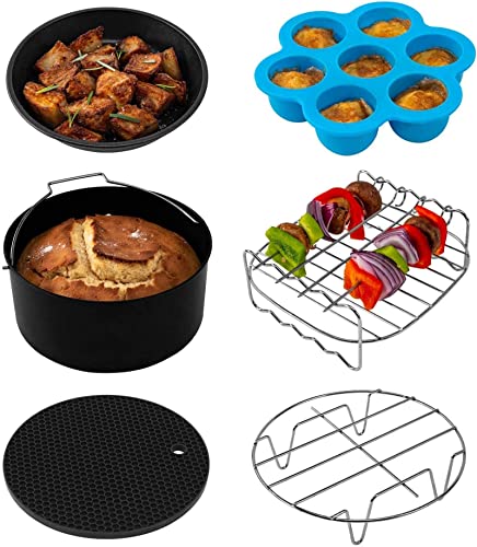 COSORI Heißluftfritteuse Zubehör, Sechsteiliges Zubehörset für 3,5 Liter Fritteusen Air Fyer, Backform, Pizza Pan, Grillrost, Dämpfen Rack, Silikonmatte, Muffinform, C137-6AC von COSORI