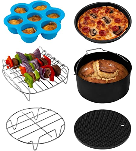 COSORI Heißluftfritteuse Zubehör, Sechsteiliges Zubehörset für 5,5L Fritteusen Air Fyer aller Marken, Backform, Pizza Pan, Grillrost, Dämpfen Rack, Silikonmatte, Muffinform von COSORI