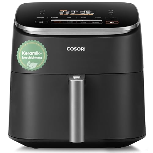 Cosori Turboblaze Airfryer, Heißluftfritteuse mit Keramikbeschichtung, 9-in-1 Air Fryer XXL 6L, leiser DC Motor mit 5 Geschwindigkeitsstufen, Backen, Gären, Dehydrieren, Tiefkühlen, 87 Rezepte von COSORI