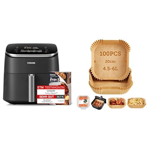 Cosori Turboblaze Heißluftfritteuse Airfryer, 9-in-1 Air Fryer XXL 6L, leiser DC Motor mit 5 Geschwindigkeitsstufen+ Cosori Backpapier für Heißluftfritteuse XXL 4-7,3 L, 100 Stück 20 cm von COSORI
