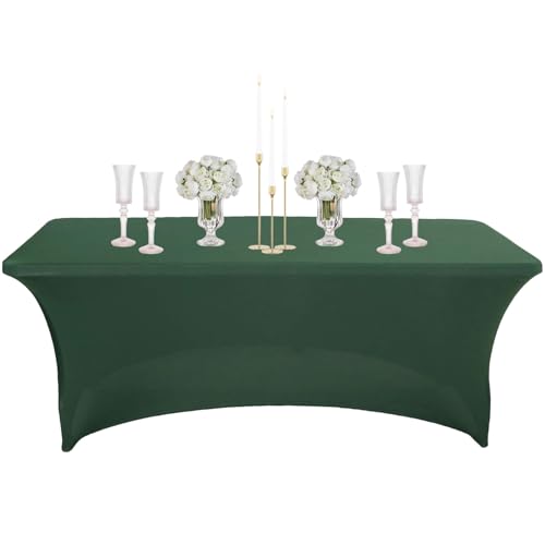 6 Fuß Dunkelgrün Tischdecke Abwaschbar Elastische Rechteckig,Wasserabweisend Kratzfest Dauerhaft Tischdecke Fleckschutz Geburtstag Tischtuch für Esszimmer Garten Bankett Buffet Partys Hochzeit von COSORO