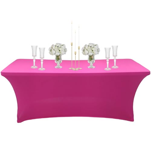 6 Fuß Rosafarben Tischdecke Abwaschbar Elastische Rechteckig,Wasserabweisend Kratzfest Dauerhaft Tischdecke Fleckschutz Geburtstag Tischtuch für Esszimmer Garten Bankett Buffet Partys Hochzeit von COSORO