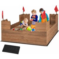 Costway - 113 x 116 cm Sandkasten mit Staufächern & Flaggen, Sandbox mit Sitzbank, Sandkiste Holz für 1-2 Kinder, inkl. Bodenabdeckung, ab 3 Jahre von COSTWAY