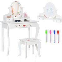 2 in 1 Kinder Schminktisch mit Hocker, Frisiertisch mit 360° drehbarem & abnehmbarem Spiegel, Whiteboard, 3 Schubladen, 4 Markern, Prinzessin von COSTWAY