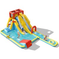 Costway - Aufblasbare Hüpfburg mit Langen Doppelrutschen Kletterwand und Wasserkanone, Spielpool Wasserspielcenter Rutsche, Wasserpark Planschbecken von COSTWAY