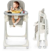 Costway - Babyhochstuhl mit 4 Rädern klappbar, Babystuhl mit abnehmbarem Tablett & PU-Kissen, verstellbarer Essstuhl, 6 Höhen, 5 Liegepositionen für von COSTWAY