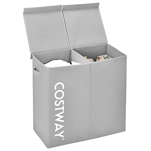 COSTWAY 115L Wäschekorb mit Deckel, Wäschesammler 2 Fächer, Wäschebox aus Vliesstoff mit Griffen, 62 x 31 x 60 cm (Grau) von COSTWAY