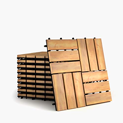 COSTWAY 10er Set 30x30cm Terrassenfliesen Holz, Bodenfliesen Akazienholz, Holzfliesen Bodenbelag, Klickfliesen Braun (12 Latten) von COSTWAY