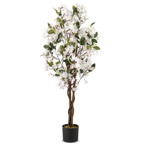 COSTWAY 120 cm Kunstbaum mit Blüten, Kunstpflanze im Topf, Künstlicher Bougainvillea Baum, Fake Topfpflanze, Künstliche Pflanzen für Indoor Outdoor Schlafzimmer Büro Garten Dekoration (Weiß,1) von COSTWAY