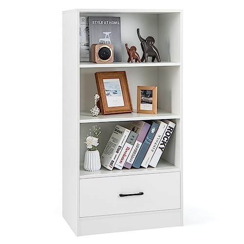 COSTWAY 120cm Bücherregal mit Schubladen, 4 Ebenen Lagerregal aus Holz, Standregal (Weiß) von COSTWAY