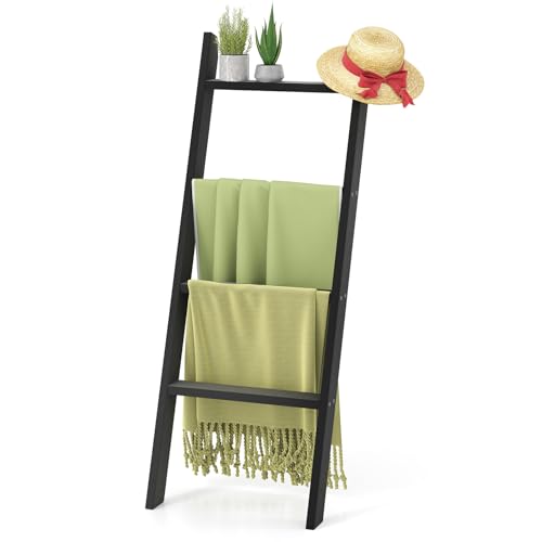 COSTWAY 128cm Handtuchleiter mit Deckenhalterung, 4-stufiger Handtuchständer Wandmontage, Leiterregal belastbar bis 50 kg pro Stufe für Badezimmer, Schlafzimmer (Schwarz) von COSTWAY