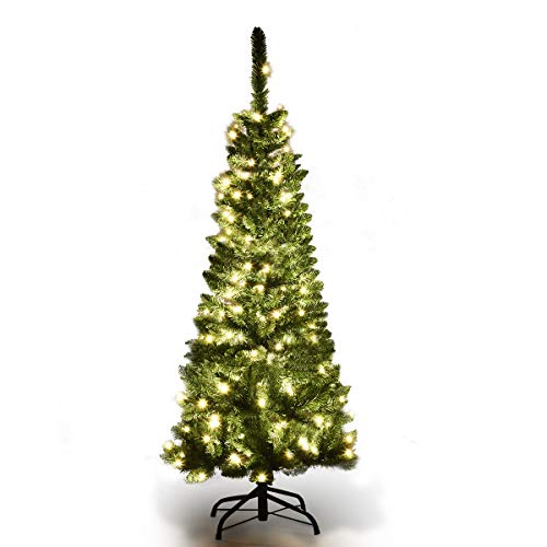 COSTWAY 135/200/225cm Bleistift Weihnachtsbaum mit warmweißen LED-Leuchten, künstlicher Tannenbaum mit Klappsystem und Metallständer, Christbaum PVC Nadeln, Kunstbaum Weihnachten Grün (135cm) von COSTWAY