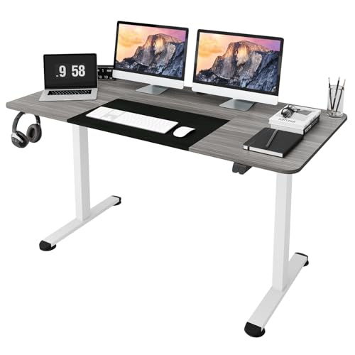 COSTWAY Höhenverstellbarer Schreibtisch, elektrischer Computertisch 140 x 70 cm, mit Stopp-Mechanismus, inkl. Kabelhaterung & Haken, ideal für Homeoffice und Büro (Dunkelgrau) von COSTWAY