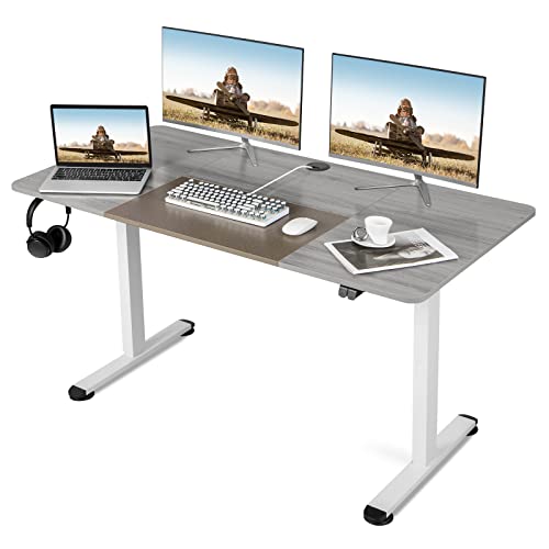 COSTWAY Höhenverstellbarer Schreibtisch, elektrischer Computertisch 140 x 70 cm, mit Stopp-Mechanismus, inkl. Kabelhaterung & Haken, ideal für Homeoffice und Büro (Grau) von COSTWAY