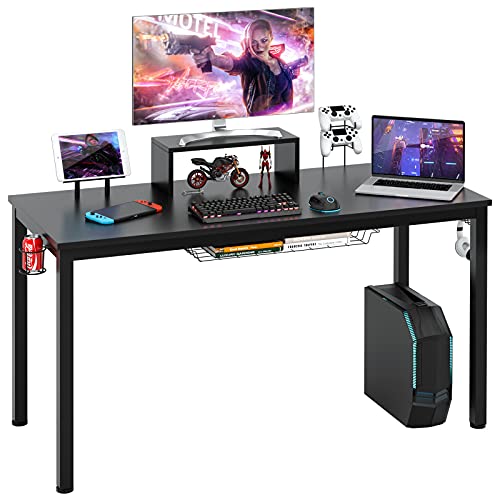 COSTWAY 140cm Gaming Tisch mit Monitorablage, Groß Gamer Schreibtisch, PC-Tisch mit Getränkehalter, Kopfhörerhaken, Aufbewahrungskorb, Medienablage, verstellbare Fußpolster von COSTWAY