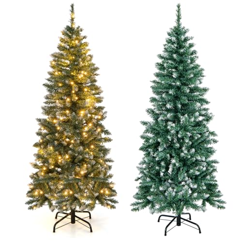 COSTWAY 150 cm Bleistift Weihnachtsbaum mit Beleuchtung, LEDs in warmweiß, künstlicher Tannenbaum mit Metallständer, schmaler Christbaum schneebedeckt, Kunstbaum Weihnachten, Grün+Blau von COSTWAY