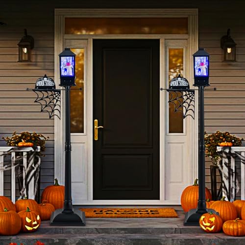 COSTWAY 155 cm Halloween Deko mit 6-farbigen LED-Leuchten, Musik & schwarzem Schneeeffekt, Halloweendeko Straßenlampe mit Kürbis Laterne, Halloween Wegleuchte Dekoration mit Spinnennetz von COSTWAY
