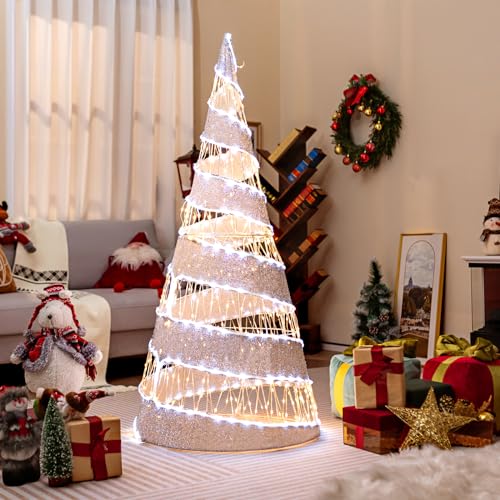 COSTWAY 155 cm LED Weihnachtsbaum Kegelform, Lichterbaum mit Lichterkette, 300 warmweißen und 250 kaltweißen LEDs, beleuchtete Weihnachtsdeko, Spiral Tannenbaum innen außen, klappbar, Metall von COSTWAY