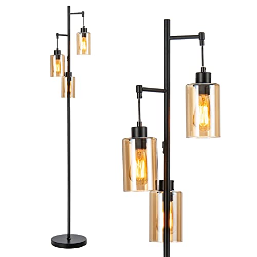 COSTWAY 164cm Standleuchte mit 3 hängenden Braunglasschirmen, Fußschalter & Metallbasis, Freistehende Stehlampe, Industrielle Stehleuchte für Wohnzimmer, Schlafzimmer, Büro von COSTWAY